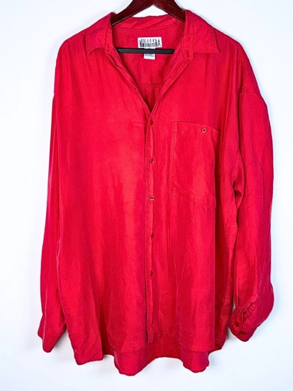 Vintage 90s Red Silk Button Up Collared Oversized Shirt City Streets Vamp Grunge